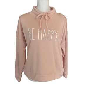 Rae Dunn Be Happy Sweatshirt Fleece Mock Neck Drawstring Top Women’s S Pink